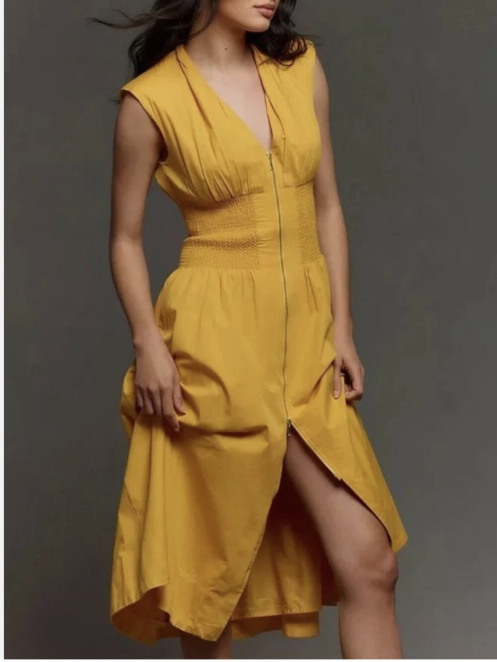 Anthropologie 1X The Tommie Cotton Shirt Dress Cap-Sleeve Smocked Front-Zip